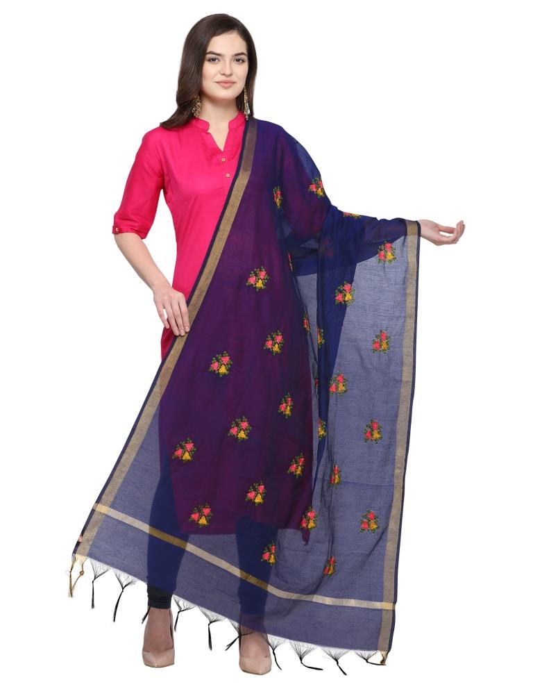 Glamorous Navy Blue Coloured Cotton Silk Thread Embroidered Dupatta | Sudathi