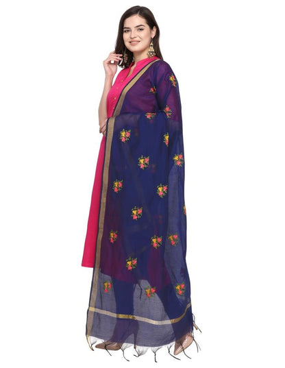 Glamorous Navy Blue Coloured Cotton Silk Thread Embroidered Dupatta | Sudathi
