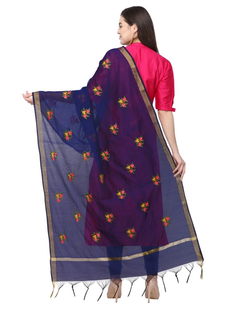 Glamorous Navy Blue Coloured Cotton Silk Thread Embroidered Dupatta | Sudathi