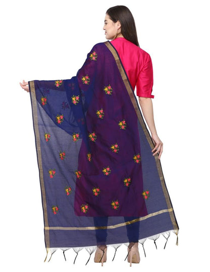 Glamorous Navy Blue Coloured Cotton Silk Thread Embroidered Dupatta | Sudathi