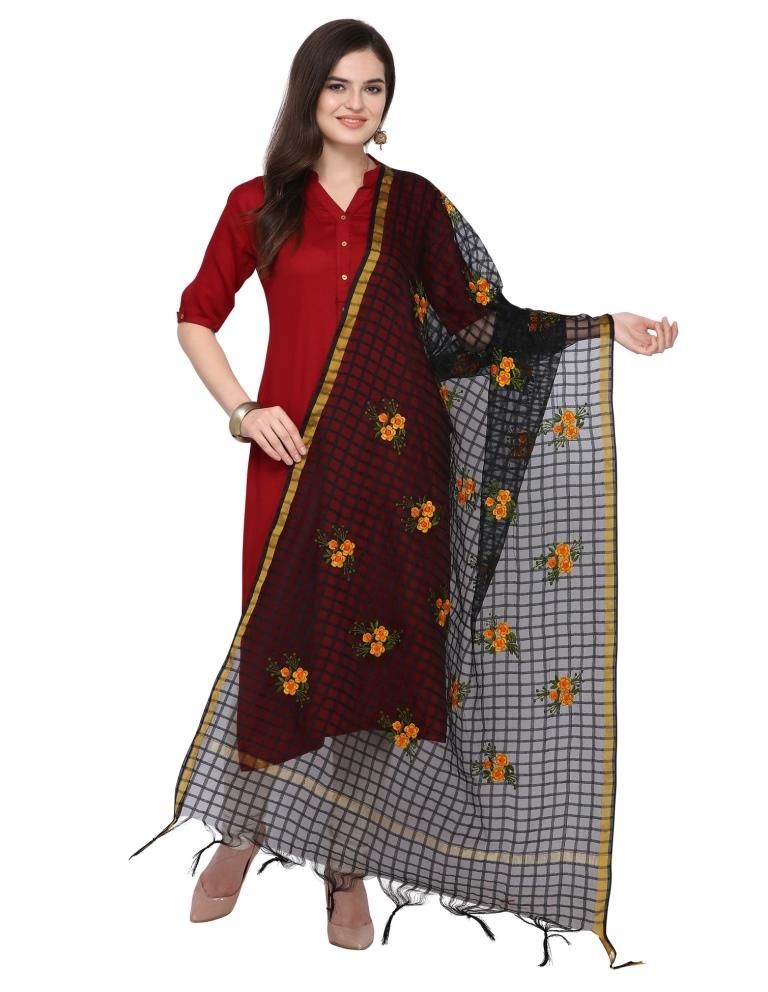 Amiable Black Coloured Cotton Silk Thread Embroidered Dupatta | Sudathi