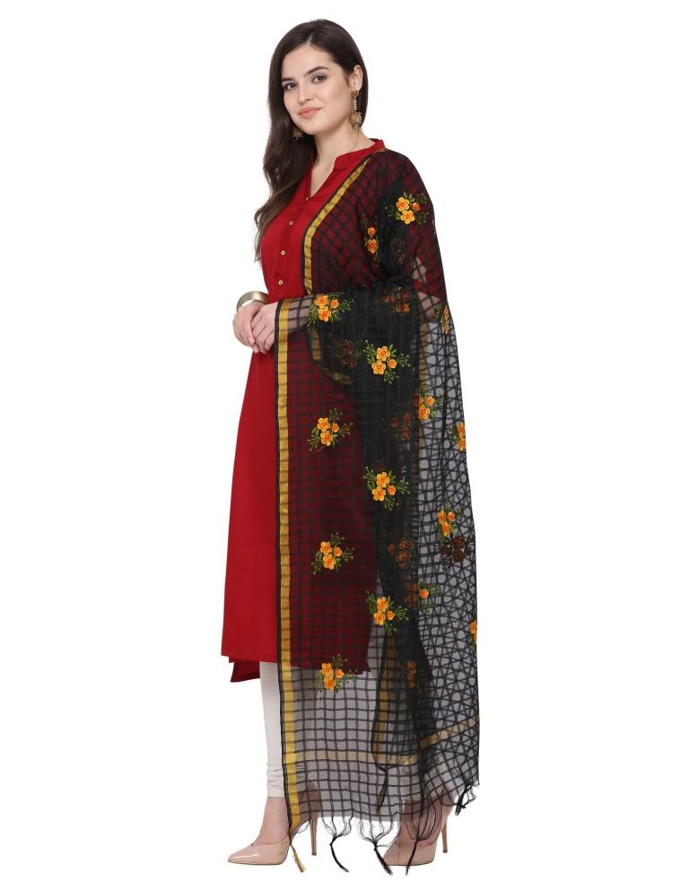 Amiable Black Coloured Cotton Silk Thread Embroidered Dupatta | Sudathi
