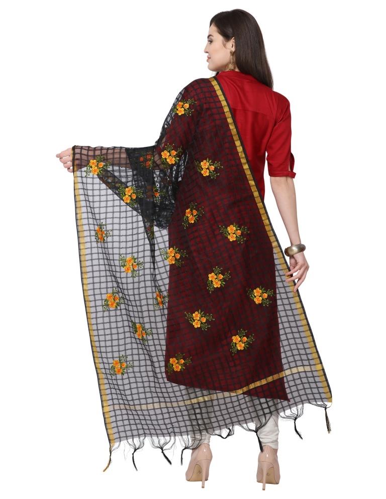 Amiable Black Coloured Cotton Silk Thread Embroidered Dupatta | Sudathi
