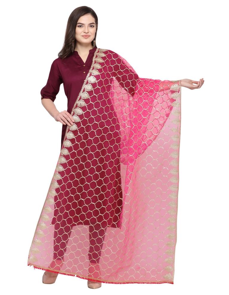 Dashing Peach Pink Coloured Net Gota Work Dupatta | Sudathi