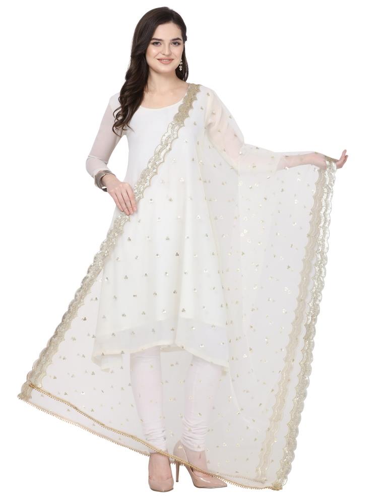 Breezy White Coloured Net Sequins And Zari Embroidered Dupatta | Sudathi