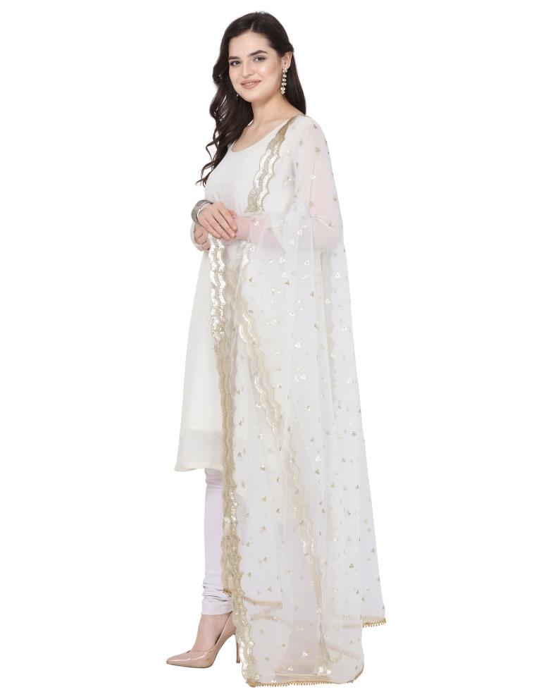 Breezy White Coloured Net Sequins And Zari Embroidered Dupatta | Sudathi