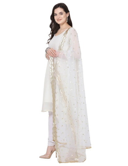 Breezy White Coloured Net Sequins And Zari Embroidered Dupatta | Sudathi