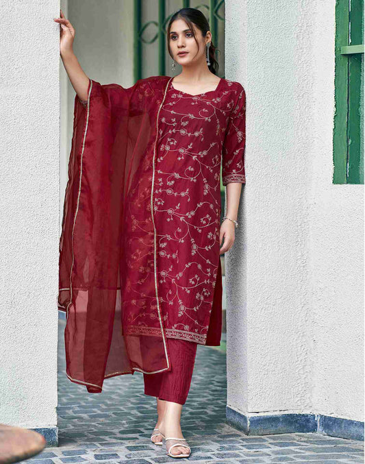 Maroon Plain Chinnon Straight Kurta With Pant And Dupatta