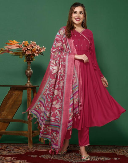 Pink Embroidery Muslin Flared Kurta With Pant And Dupatta