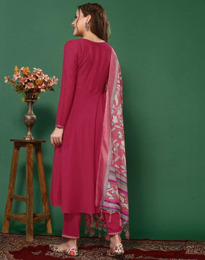 Pink Embroidery Muslin Flared Kurta With Pant And Dupatta