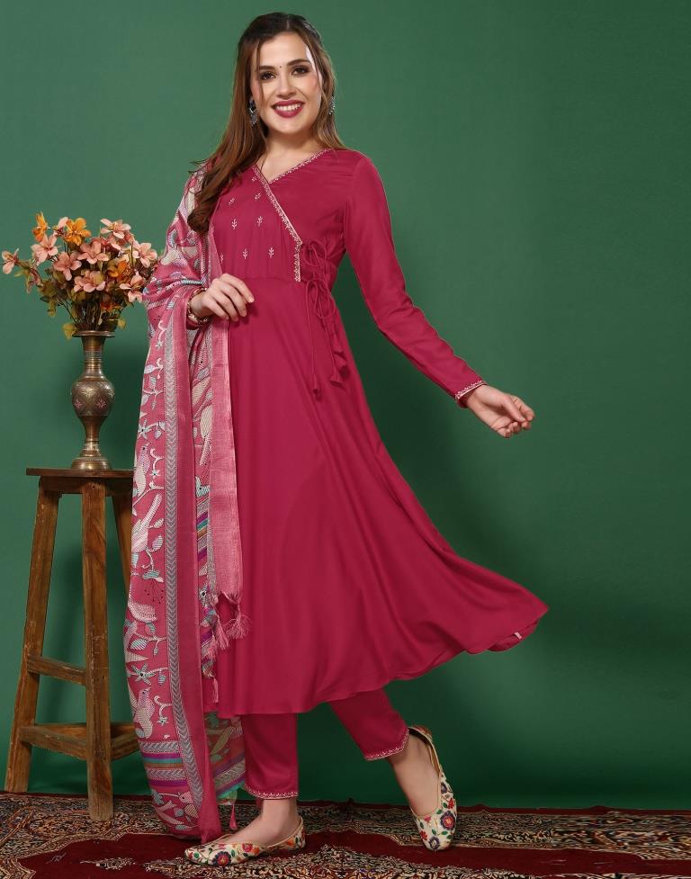 Pink Embroidery Muslin Flared Kurta With Pant And Dupatta