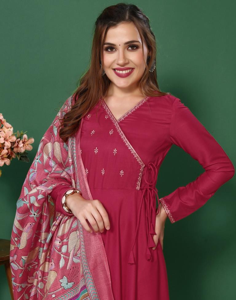 Pink Embroidery Muslin Flared Kurta With Pant And Dupatta