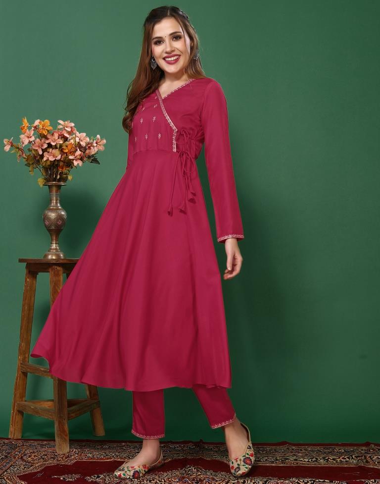 Pink Embroidery Muslin Flared Kurta With Pant And Dupatta