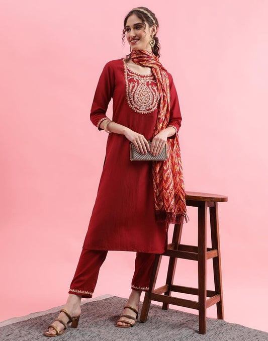 Maroon Embroidery Chinnon Straight Kurta With Pant And Dupatta