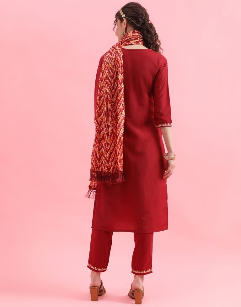 Maroon Embroidery Chinnon Straight Kurta With Pant And Dupatta