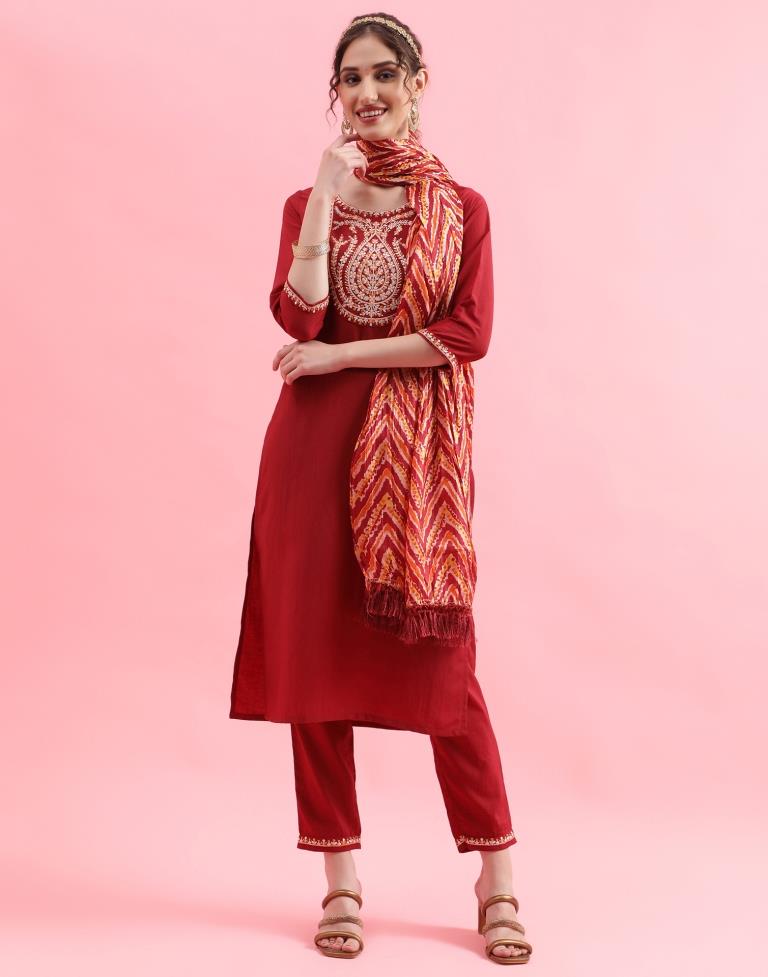 Maroon Embroidery Chinnon Straight Kurta With Pant And Dupatta