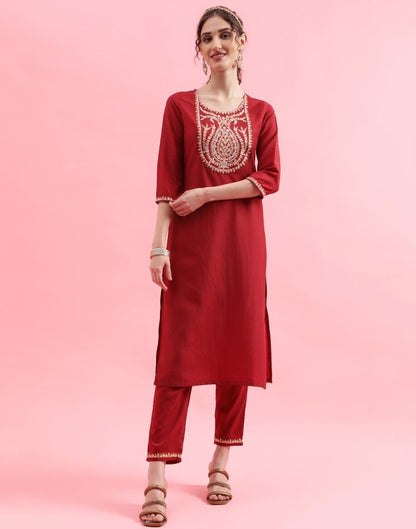 Maroon Embroidery Chinnon Straight Kurta With Pant And Dupatta