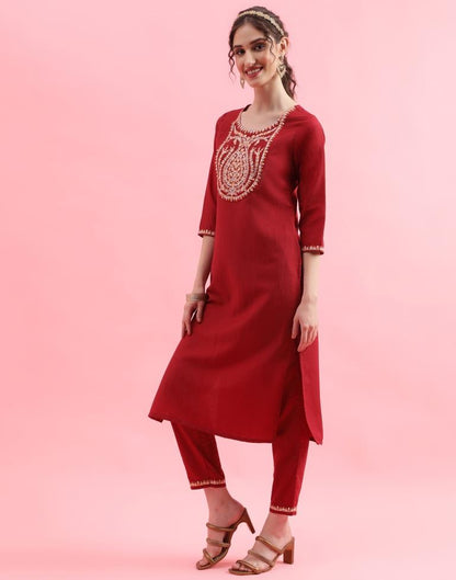 Maroon Embroidery Chinnon Straight Kurta With Pant And Dupatta