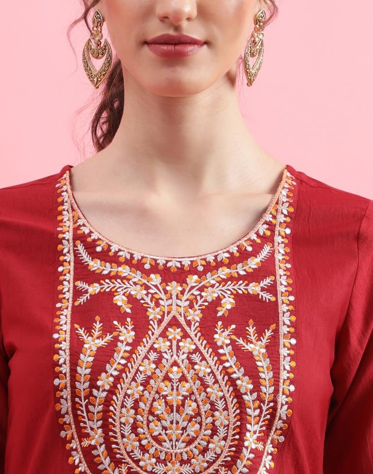 Maroon Embroidery Chinnon Straight Kurta With Pant And Dupatta