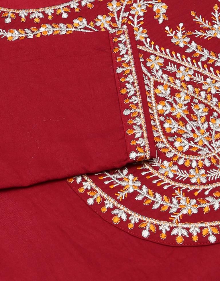 Maroon Embroidery Chinnon Straight Kurta With Pant And Dupatta