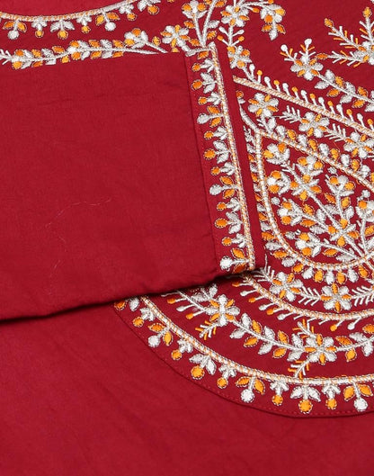 Maroon Embroidery Chinnon Straight Kurta With Pant And Dupatta