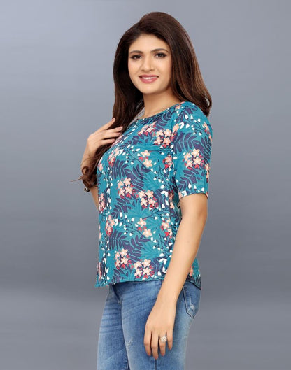 Bewitching Turquoise Coloured Printed Crepe Tops | Sudathi