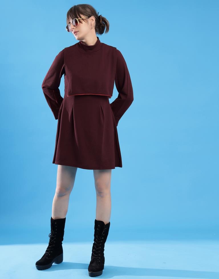 Maroon Lycra Plain A-Line Dress