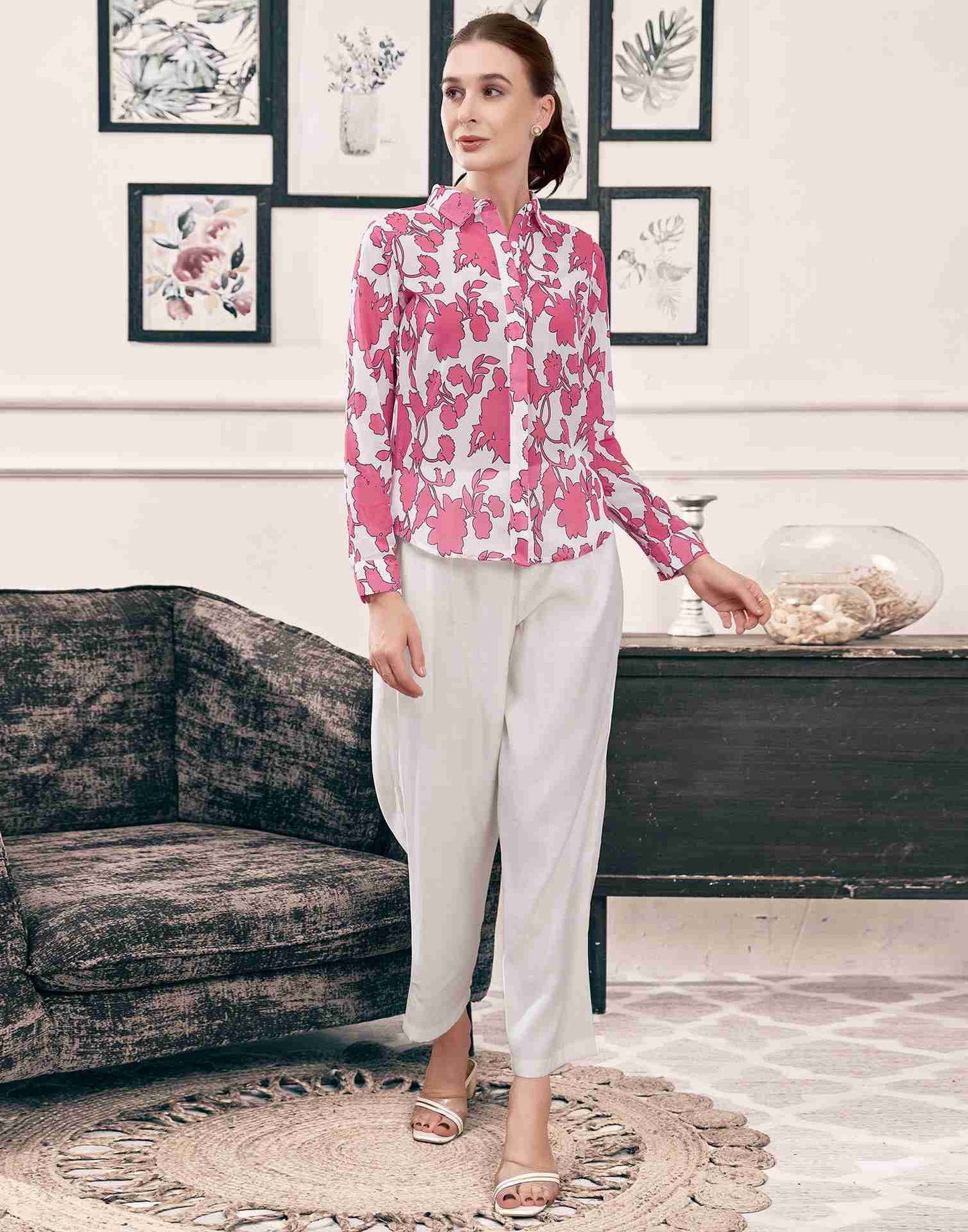 White Georgette Printed Shirt