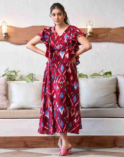 Wine Rayon Printed Flared Dress