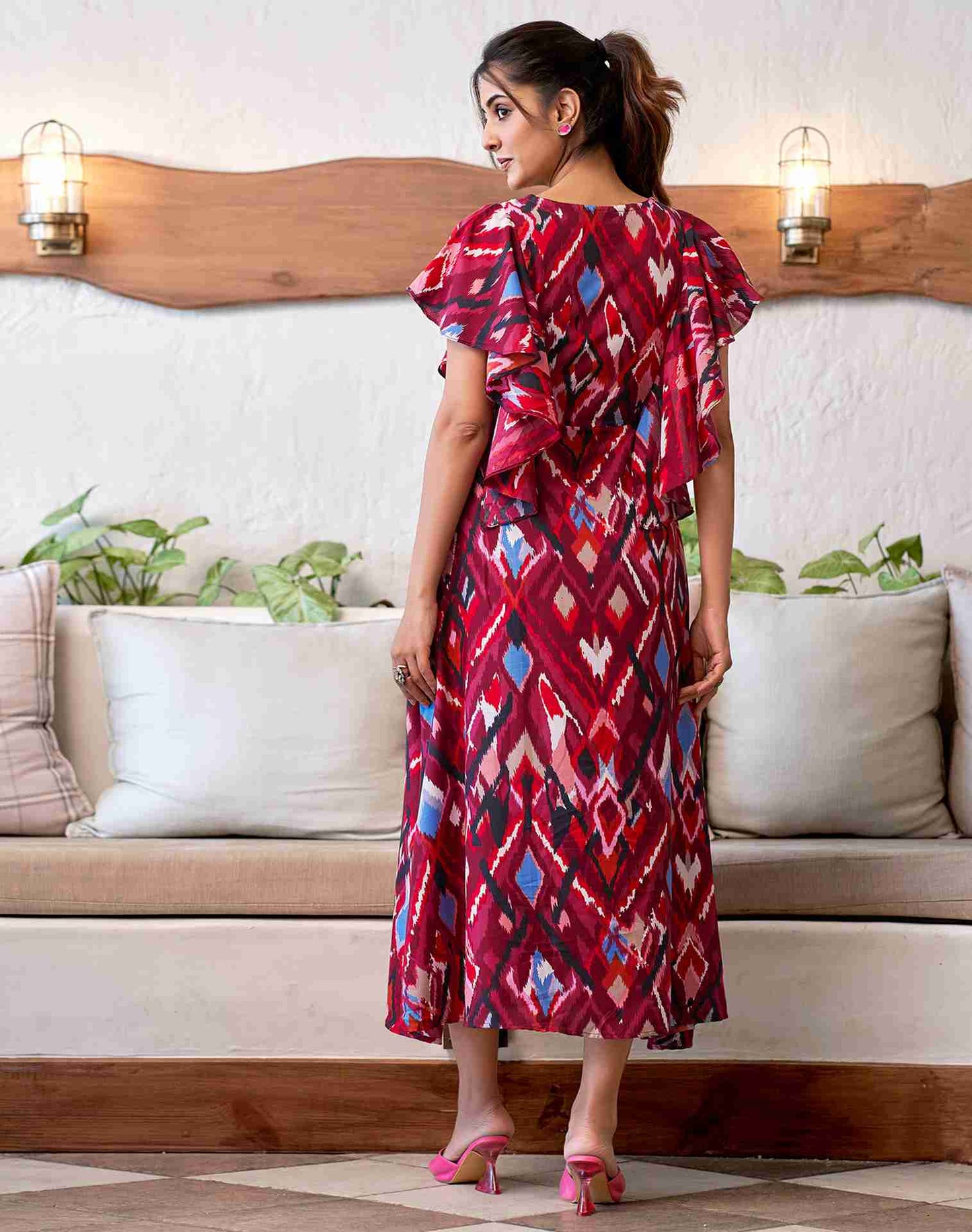 Wine Rayon Printed Flared Dress