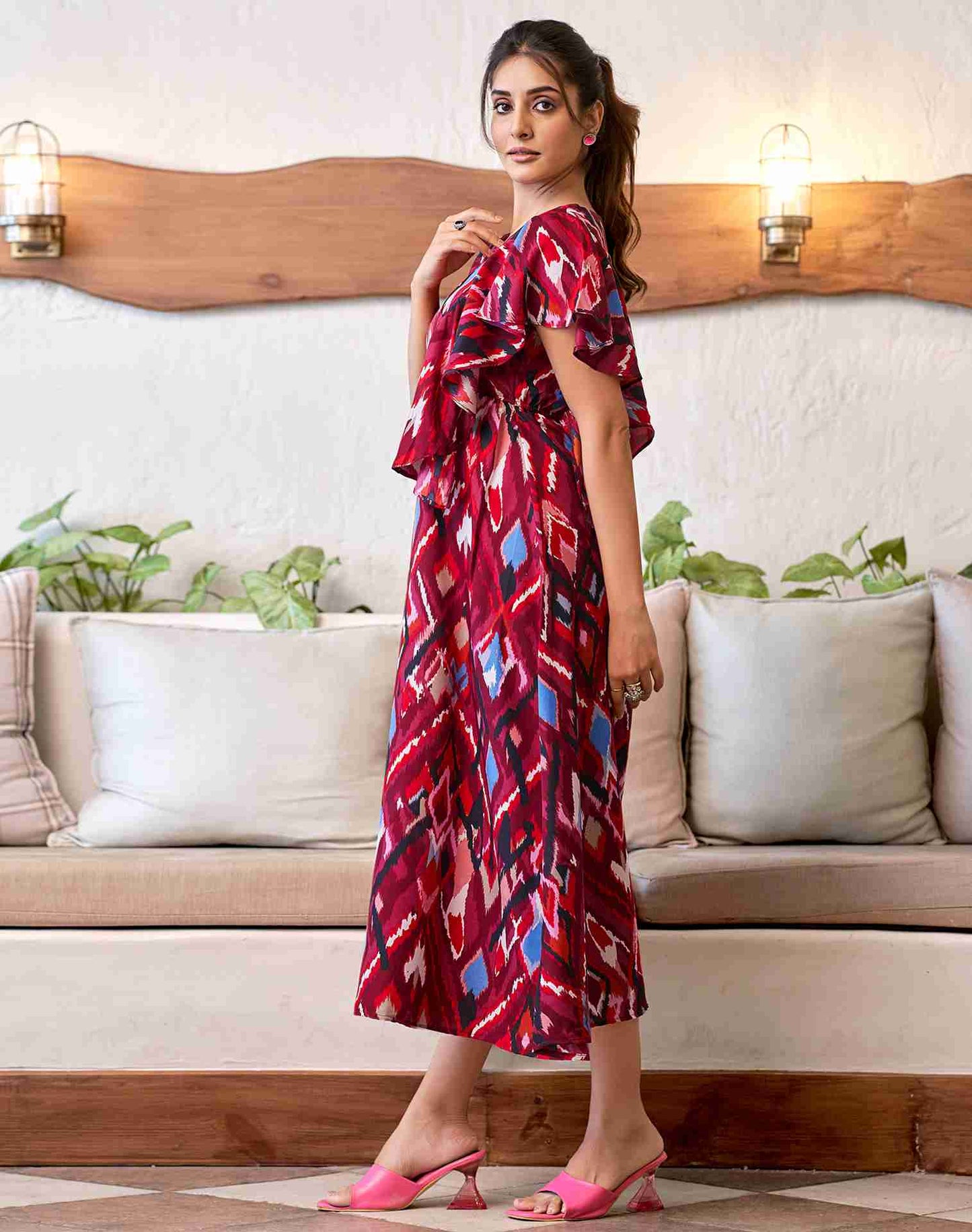 Wine Rayon Printed Flared Dress