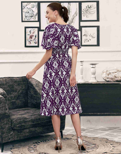 Dark Purple Polyester Printed A-Line Dress