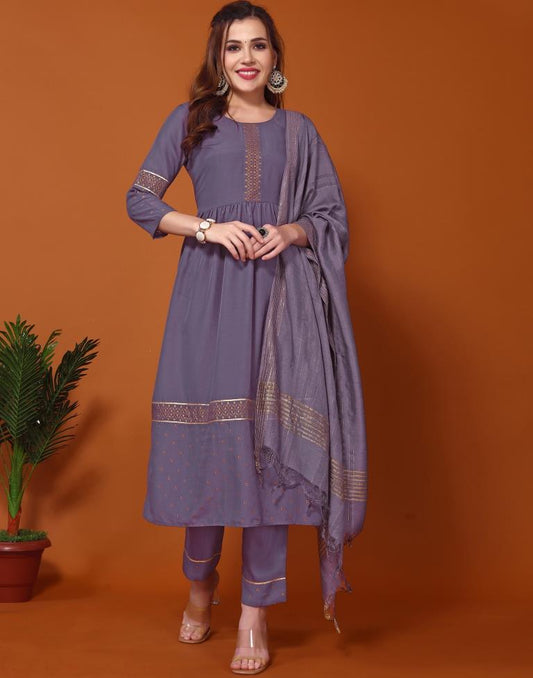 Purple Printed Flared Kurta Kurti With Pant And Dupatta | Leemboodi