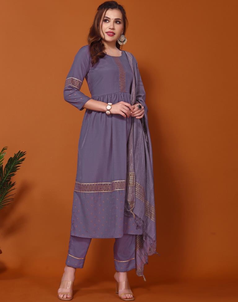 Purple Printed Flared Kurta Kurti With Pant And Dupatta | Leemboodi