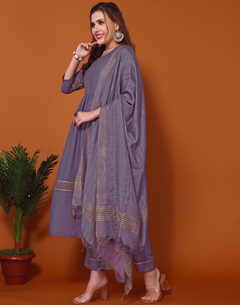 Purple Printed Flared Kurta Kurti With Pant And Dupatta | Leemboodi