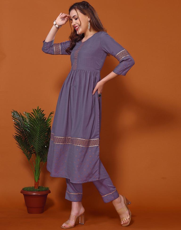 Purple Printed Flared Kurta Kurti With Pant And Dupatta | Leemboodi