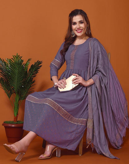 Purple Printed Flared Kurta Kurti With Pant And Dupatta | Leemboodi