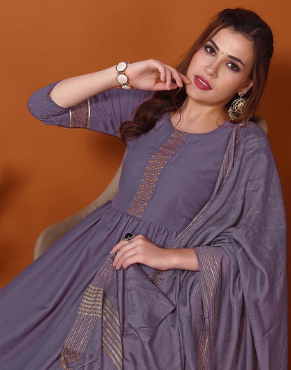 Purple Printed Flared Kurta Kurti With Pant And Dupatta | Leemboodi