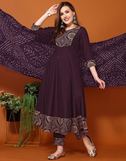 Wine Plain Chinnon Flared Kurta Set With Dupatta