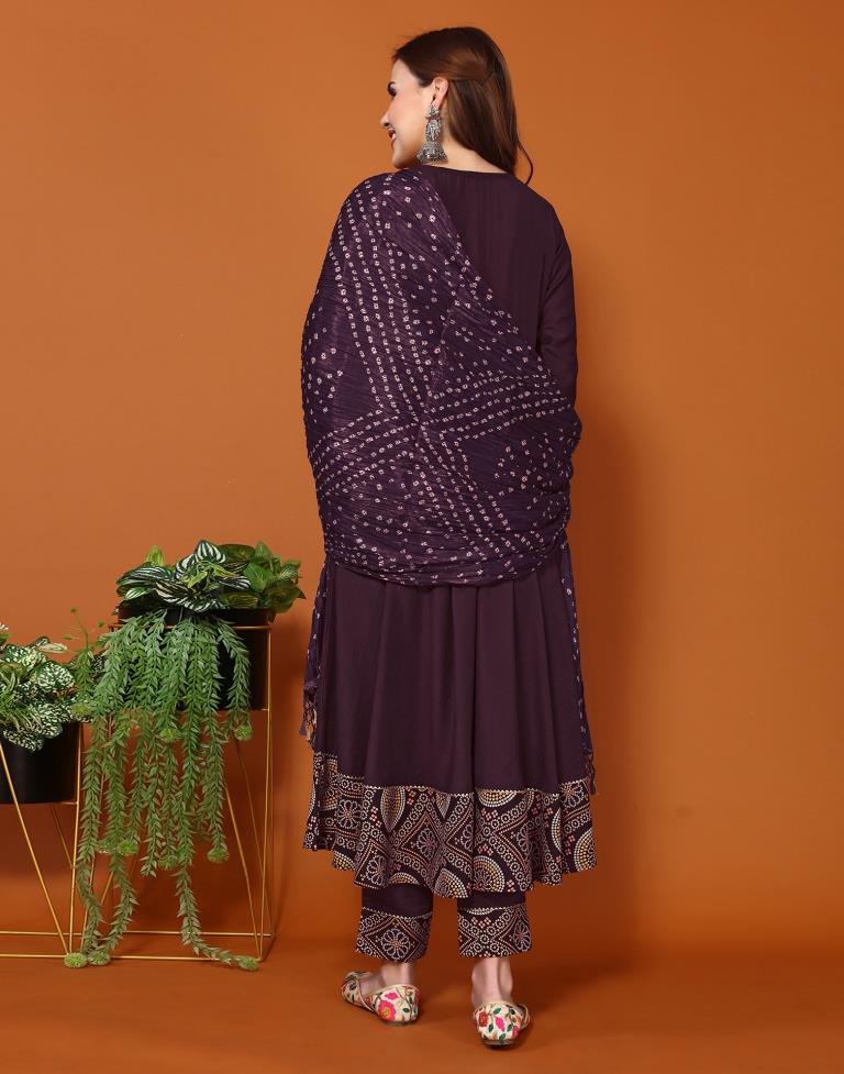 Wine Plain Chinnon Flared Kurta Set With Dupatta