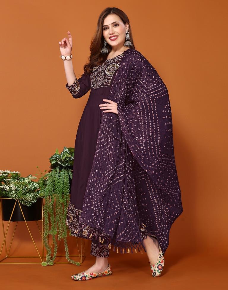 Wine Plain Chinnon Flared Kurta Set With Dupatta