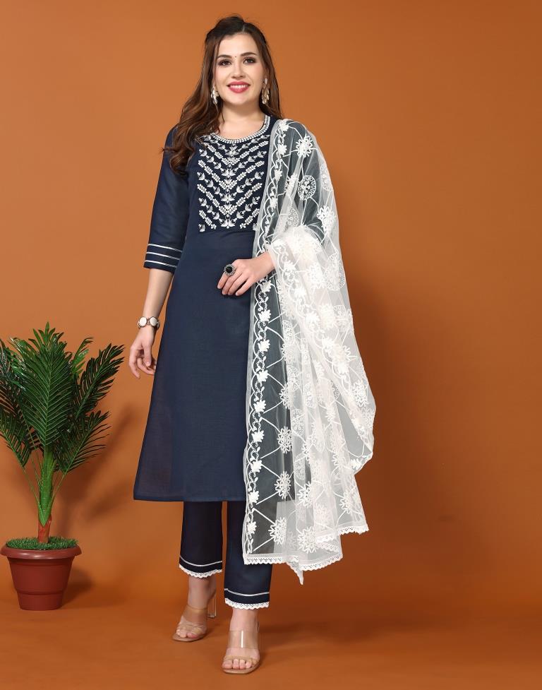 Navy Blue Embroidery Cotton Straight kurta With Pant And Dupatta