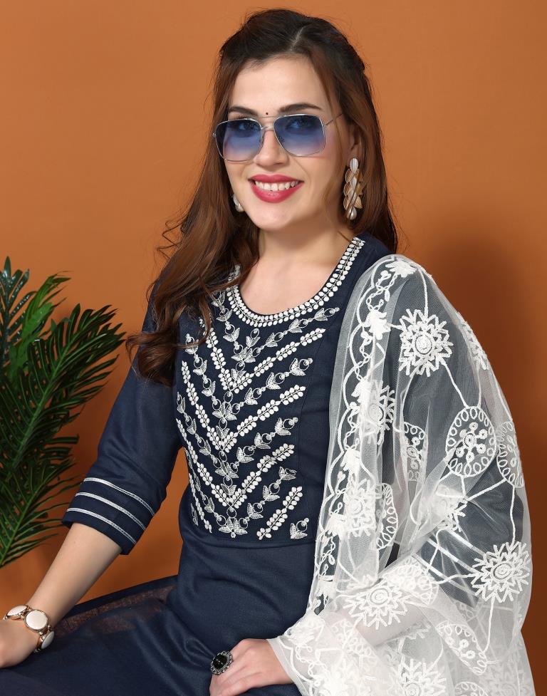 Navy Blue Embroidery Cotton Straight kurta With Pant And Dupatta