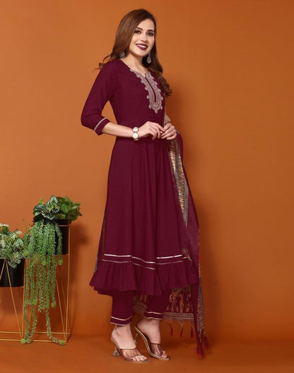 Maroon Plain Chinnon Flared Kurta Set with Dupatta