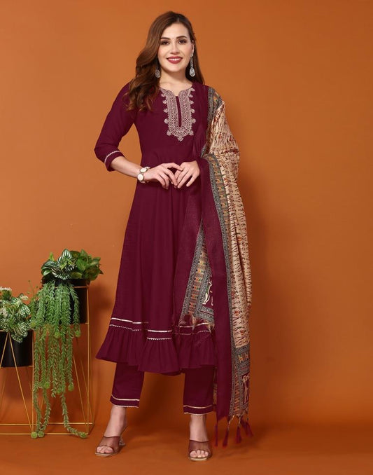 Maroon Plain Chinnon Flared Kurta Set with Dupatta