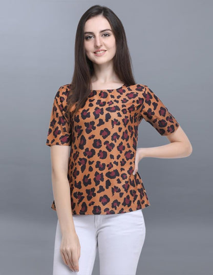 Bedazzling Brown Coloured Printed Crepe Tops | Sudathi