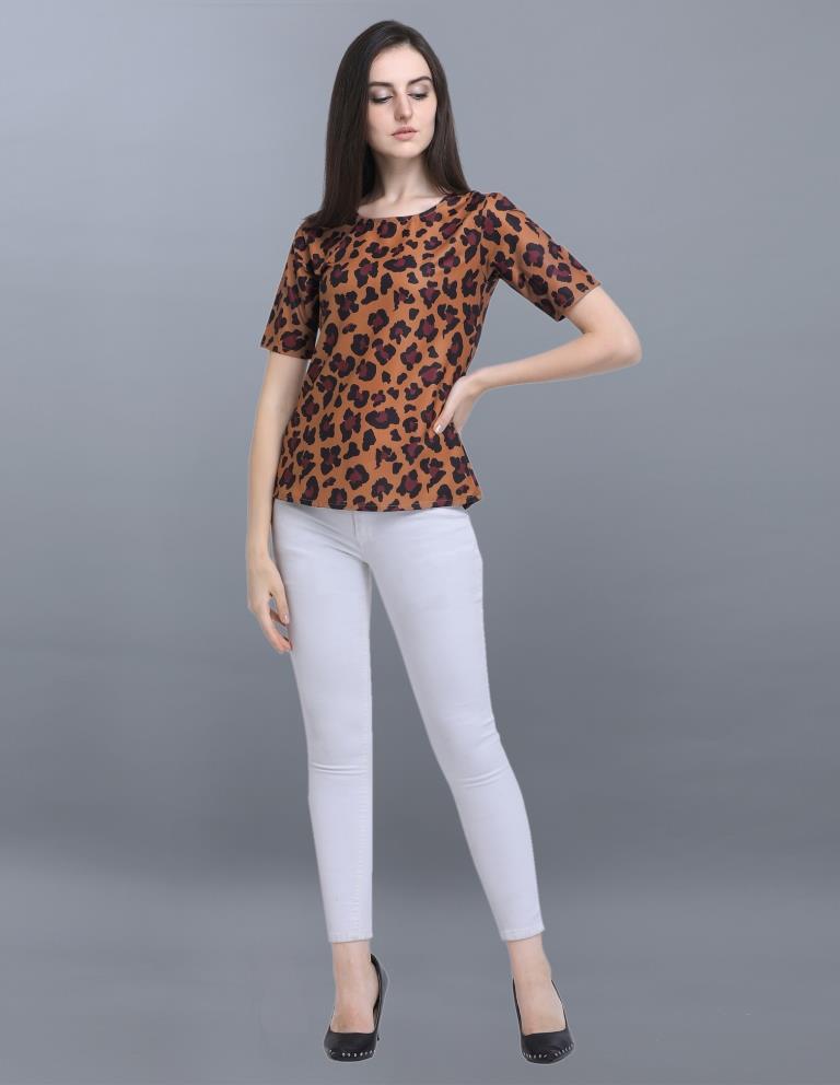 Bedazzling Brown Coloured Printed Crepe Tops | Sudathi