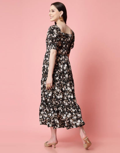 Black Polyester Printed Flared Dress