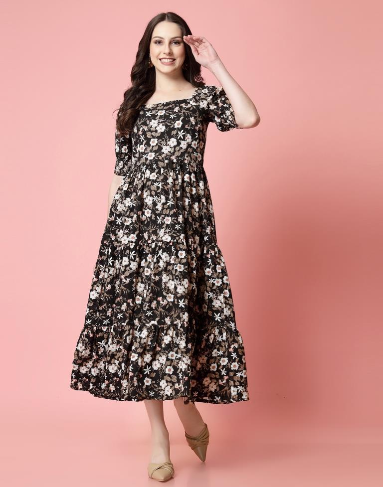 Black Polyester Printed Flared Dress