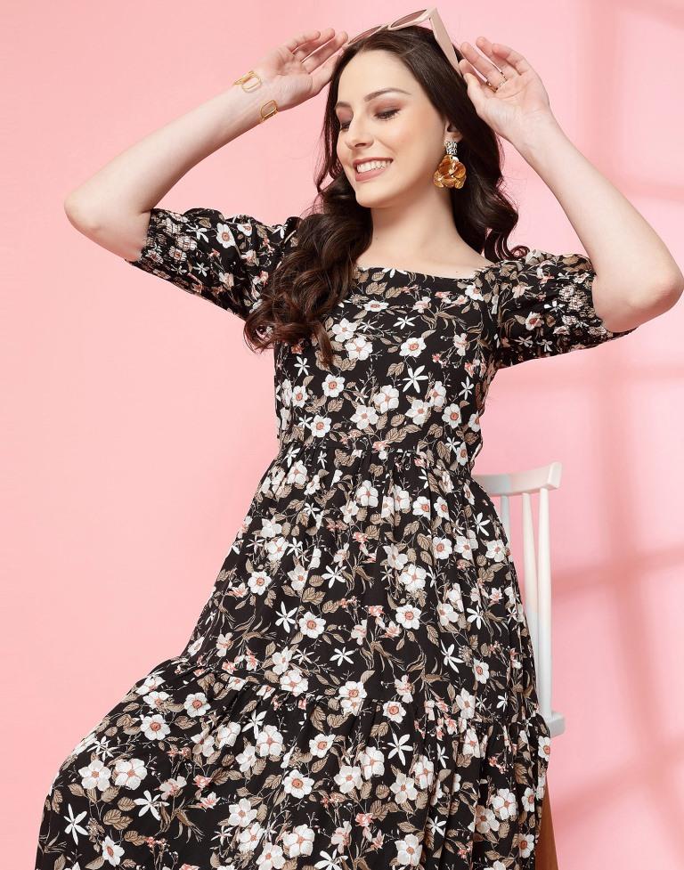 Black Polyester Printed Flared Dress